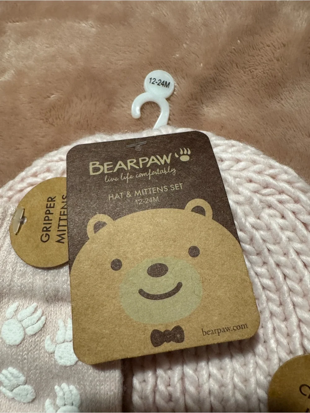 NWT Bearpaw Knit Hat and Mittens Set, Pink, Size 12-24 Months